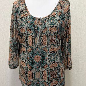 Croft & Barrow green and brown blouse, sheer sleeves, lined, PXL
